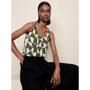 NWT Banana Republic Sublime Silk Tank Top SMALL Transition Cream Olive Geometric